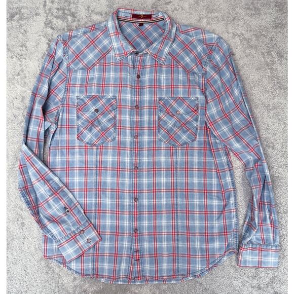 Seven For All Mankind Fitted Western Blue Red Plaid Cotton Shirt Mens Size L - Picture 1 of 8